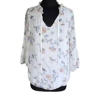 Angela Moda Made In Italy Silk Floral Blouse with Ruffle Neckline Large